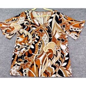 Susan Graver V-Neck Top L Multicolor Retro Paisley Print Stretch Blouse